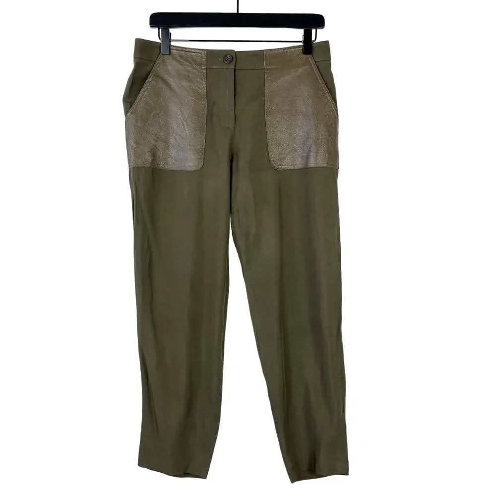 J.Crew Collection Womens High Rise Pants Leather Pockets Green Slim Ankle - 6